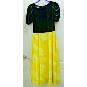 Hawaiian Muumuu Dance Dress Women's Size 5-6 Hula Dark Green Velvet &Yellow #252